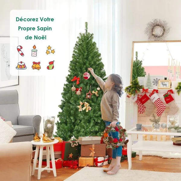Sapin de Noël Artificiel 210cm Arbre de Noël Lumières LED Multicolore Pied en Métal 50cm en PVC Vert