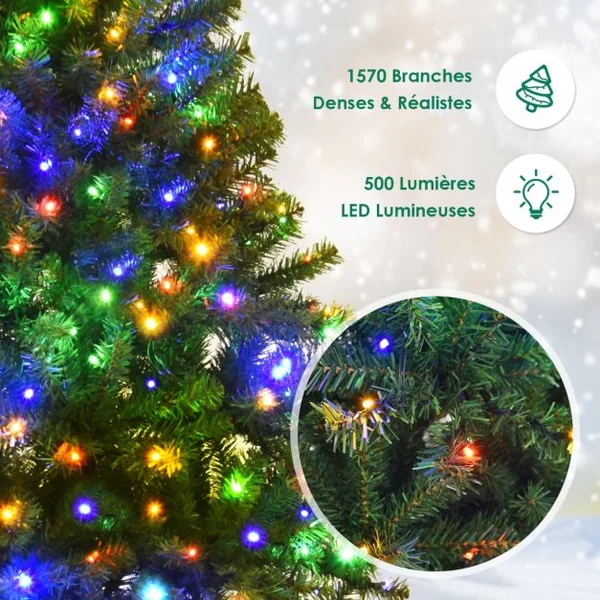Sapin de Noël Artificiel 210cm Arbre de Noël Lumières LED Multicolore Pied en Métal 50cm en PVC Vert