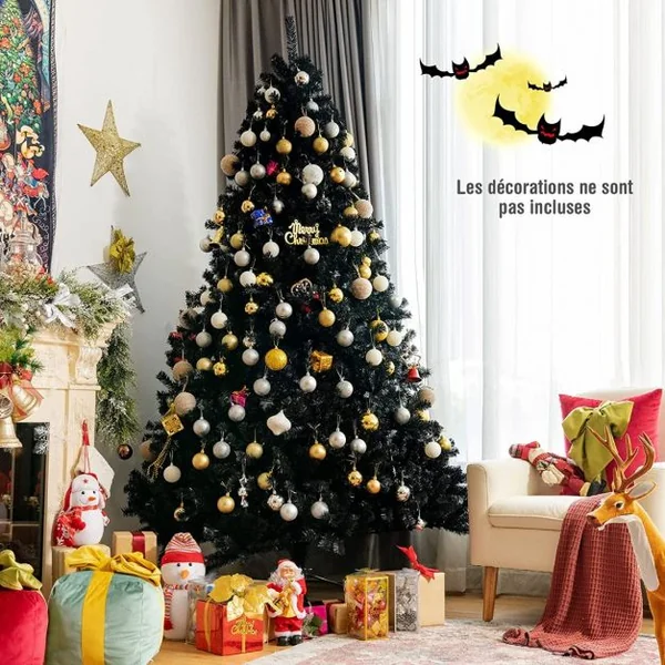 Sapin de Noël Artificiel 225 cm avec 1749 Rameaux Base Métallique Pliable Arbre de Noël à Charnières Facile à Installer Blanc Noir