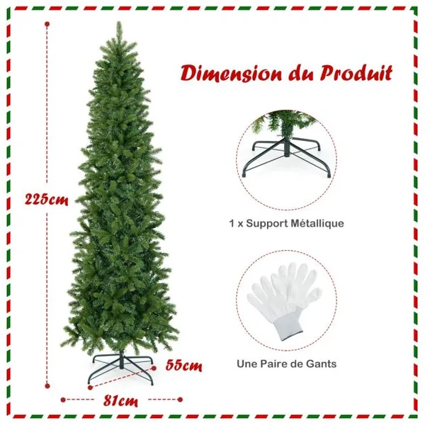 Sapin de Noël Artificiel 225 cm avec 350 Lumières LED 796 Rameaux 10 Modes d'Éclairage Décoration Support Métallique