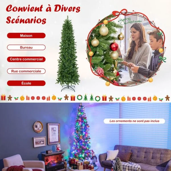 Sapin de Noël Artificiel 225 cm avec 350 Lumières LED 796 Rameaux 10 Modes d'Éclairage Décoration Support Métallique