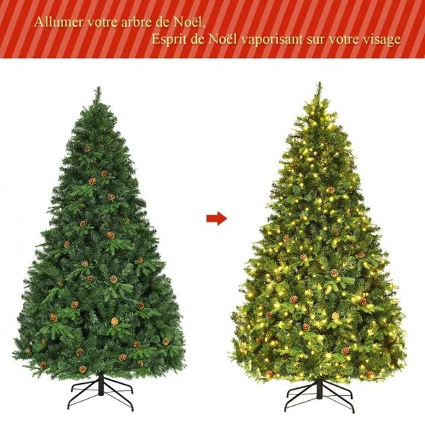 Sapin de Noël Artificiel 225cm Arbre de Noël 61 pommes de pin, Lumières LED, Pied en Métal 55cm, en PVC et PE, Vert
