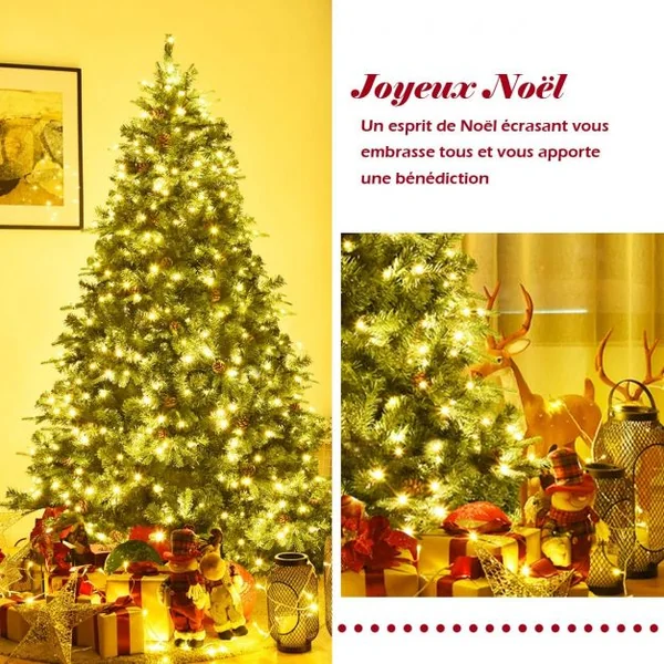 Sapin de Noël Artificiel 225cm Arbre de Noël 61 pommes de pin, Lumières LED, Pied en Métal 55cm, en PVC et PE, Vert