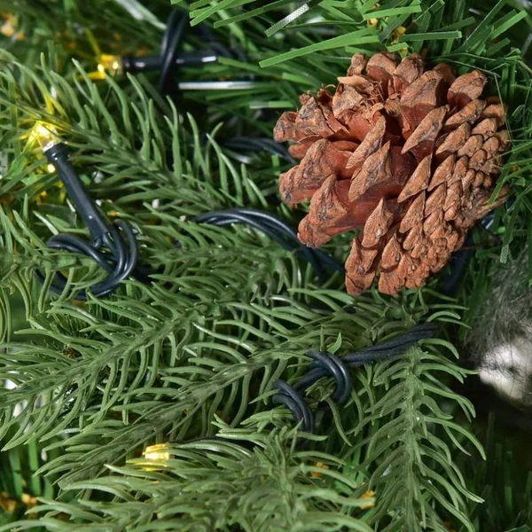Sapin de Noël Artificiel 225cm Arbre de Noël 61 pommes de pin, Lumières LED, Pied en Métal 55cm, en PVC et PE, Vert