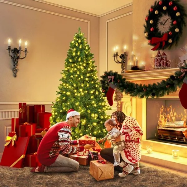 Sapin de Noël Artificiel 225cm Arbre de Noël avec Lumières LED, Pied en Métal 55cm, en PVC et PE, Vert