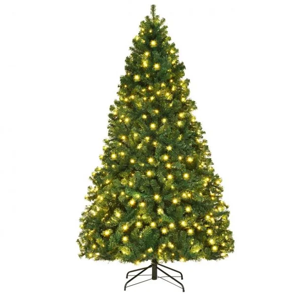 Sapin de Noël Artificiel 225cm Arbre de Noël avec Lumières LED, Pied en Métal 55cm, en PVC et PE, Vert