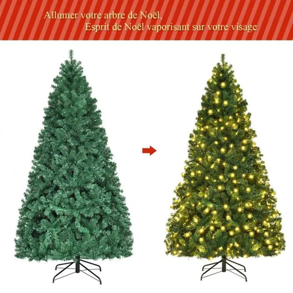 Sapin de Noël Artificiel 225cm Arbre de Noël avec Lumières LED, Pied en Métal 55cm, en PVC et PE, Vert