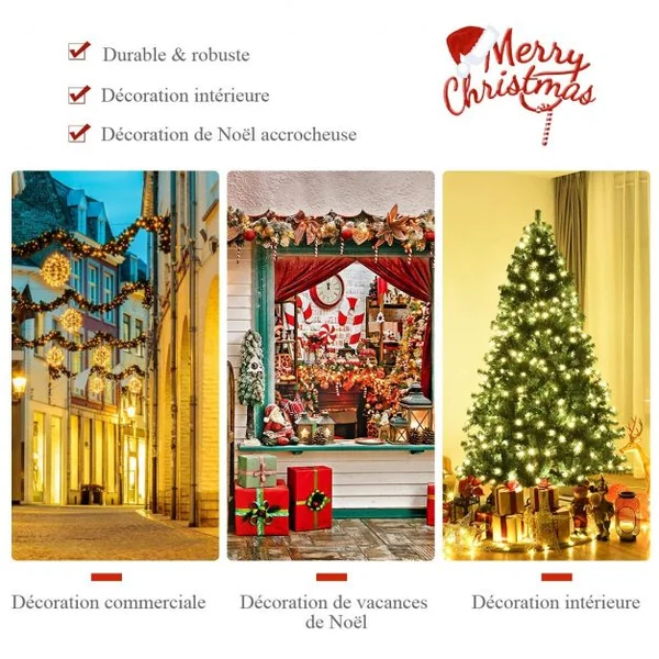 Sapin de Noël Artificiel 225cm Arbre de Noël avec Lumières LED, Pied en Métal 55cm, en PVC et PE, Vert