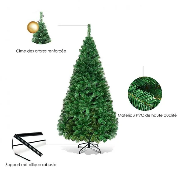 Sapin de Noël Artificiel 240 CM Matériau PVC avec Pied en Métal Excellente Stabilité Peu Encombrant, 1138 branches, Vert