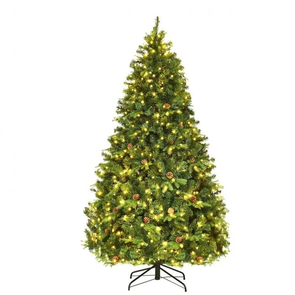 Sapin de Noël Artificiel 240cm Arbre de Noël 81 pommes de pin, Lumières LED, Pied en Métal 60cm, en PVC et PE, Vert