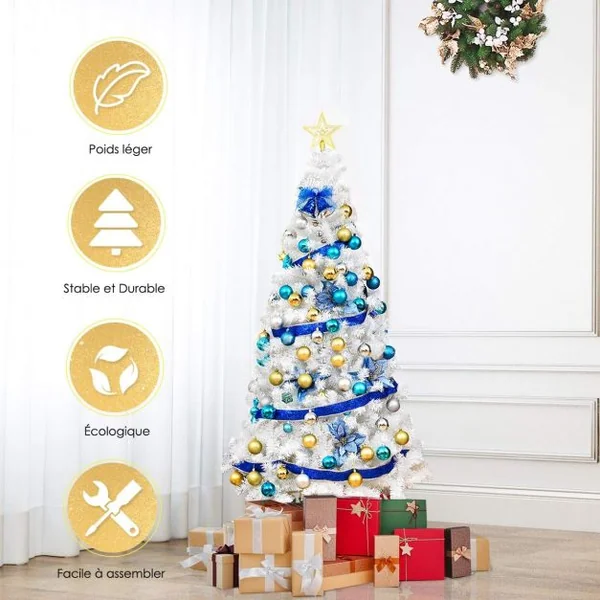Sapin de Noël Artificiel 240cm pour Décoration de Noël 1138 branches, Matériau PVC avec Pied en Métal, Blanc