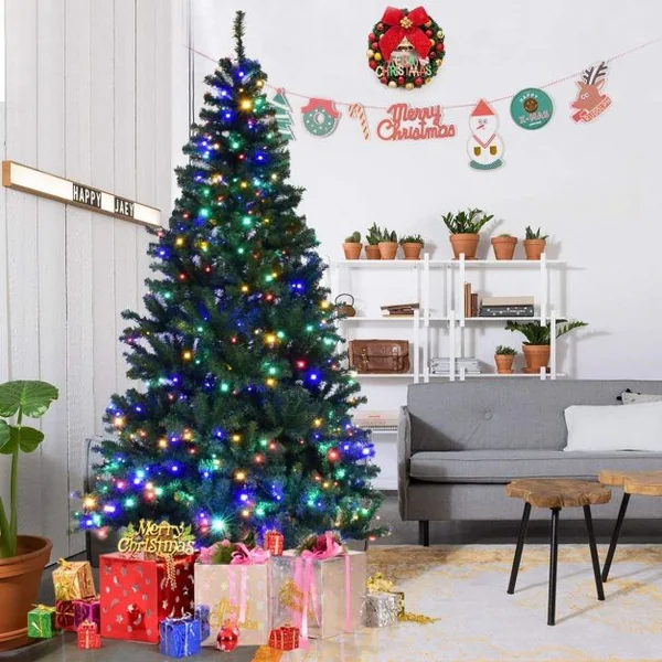 Sapin de Noël Artificiel 270cm Arbre de Noël, Lumières LED multicolore, Pied en Métal 60cm, en PVC, Vert