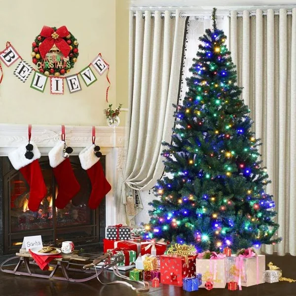Sapin de Noël Artificiel 270cm Arbre de Noël, Lumières LED multicolore, Pied en Métal 60cm, en PVC, Vert