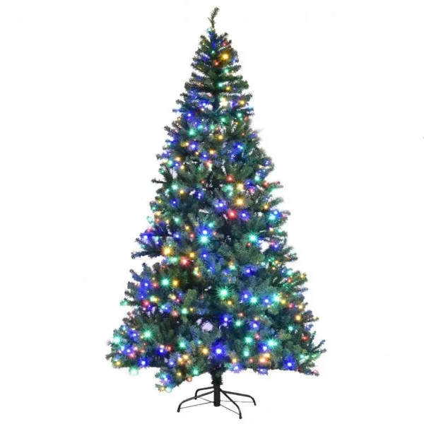 Sapin de Noël Artificiel 270cm Arbre de Noël, Lumières LED multicolore, Pied en Métal 60cm, en PVC, Vert