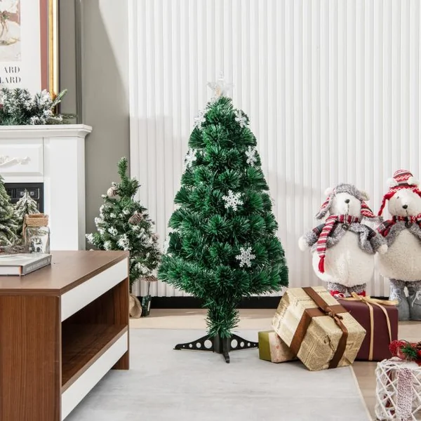 Sapin de Noël Artificiel 90 cm avec Lumières LED et Pied Arbre de Noël en PVC plastique métal avec flocon de neige, Vert