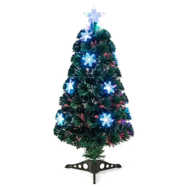 Sapin de Noël Artificiel 90 cm avec Lumières LED et Pied Arbre de Noël en PVC plastique métal avec flocon de neige, Vert