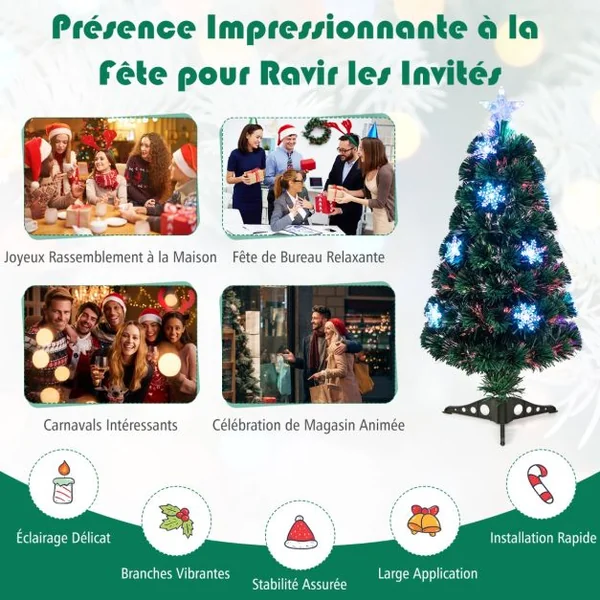 Sapin de Noël Artificiel 90 cm avec Lumières LED et Pied Arbre de Noël en PVC plastique métal avec flocon de neige, Vert