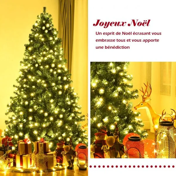 Sapin de Noël Artificiel avec Lumières LED et Pied en Métal Structure Stable 240cm Facile à Installer
