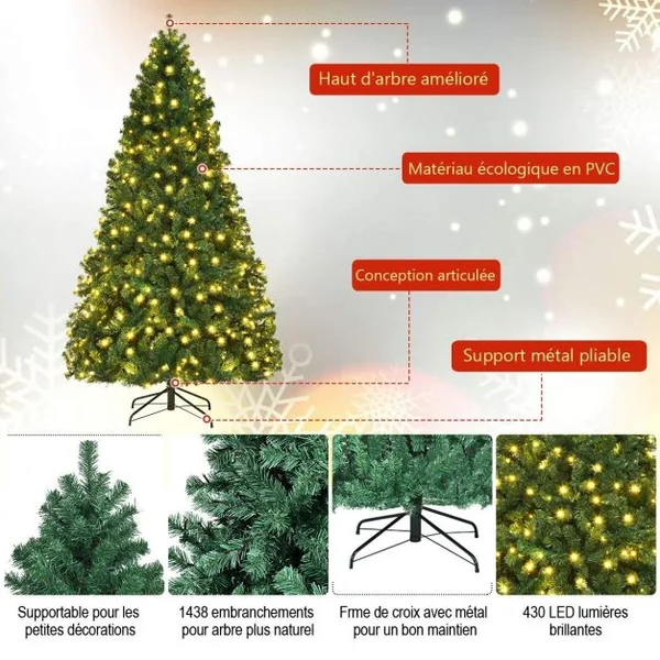 Sapin de Noël Artificiel avec Lumières LED et Pied en Métal Structure Stable 240cm Facile à Installer