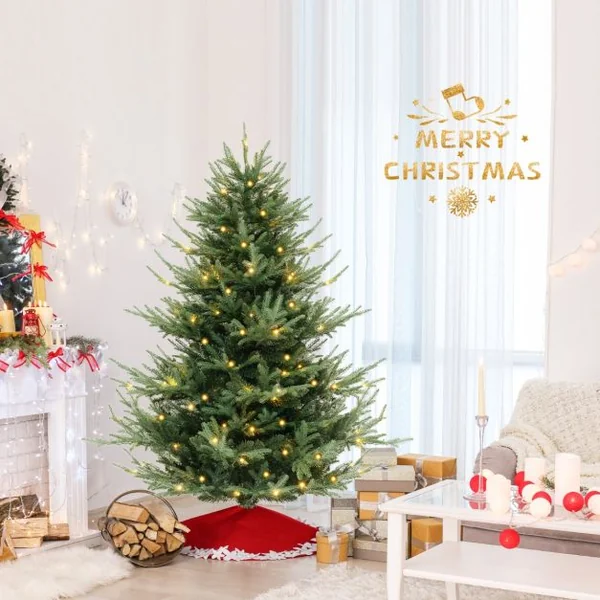 Sapin de Noël Artificiel de 135/180/210/240 cm Faux Sapin de Noël à Charnières 442/778/1090/1480 Branches 160/240/340/450 LED Blanc Chaud Feuilles Mixtes en PE et PVC