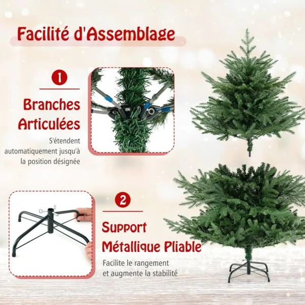 Sapin de Noël Artificiel de 135/180/210/240 cm Faux Sapin de Noël à Charnières 442/778/1090/1480 Branches 160/240/340/450 LED Blanc Chaud Feuilles Mixtes en PE et PVC