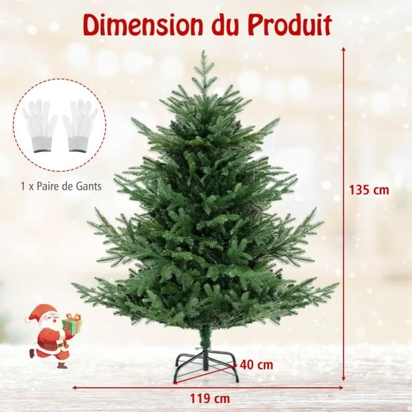 Sapin de Noël Artificiel de 135/180/210/240 cm Faux Sapin de Noël à Charnières 442/778/1090/1480 Branches 160/240/340/450 LED Blanc Chaud Feuilles Mixtes en PE et PVC