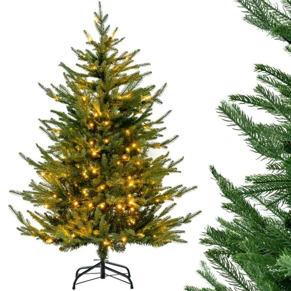 Sapin de Noël Artificiel De 136 Cm Arbre de Noël à Charnière 386 Pointes de Branches en Pe Et Pvc 180 Lumières Led Blanc Chaud 8 Modes d'Éclairage