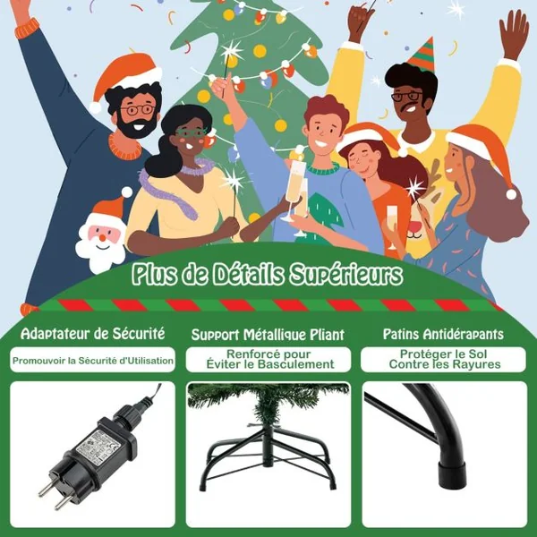 Sapin de Noël Artificiel De 136 Cm Arbre de Noël à Charnière 386 Pointes de Branches en Pe Et Pvc 180 Lumières Led Blanc Chaud 8 Modes d'Éclairage