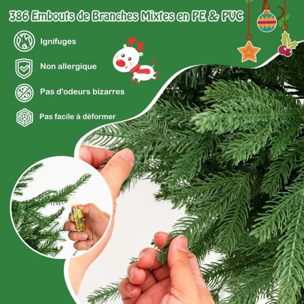 Sapin de Noël Artificiel De 136 Cm Arbre de Noël à Charnière 386 Pointes de Branches en Pe Et Pvc 180 Lumières Led Blanc Chaud 8 Modes d'Éclairage