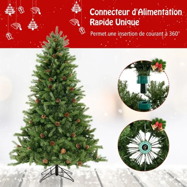 Sapin de Noël Artificiel de 180 Cm 944 Branches 92 Pommes de Pin 470 Lumières Led Minuterie Automatique 3 Modes d'Éclairage 4 Réglages de Luminosité