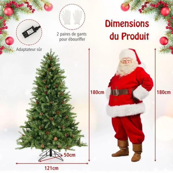 Sapin de Noël Artificiel de 180 Cm 944 Branches 92 Pommes de Pin 470 Lumières Led Minuterie Automatique 3 Modes d'Éclairage 4 Réglages de Luminosité