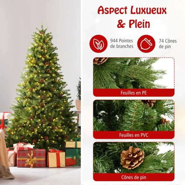 Sapin de Noël Artificiel de 180 Cm 944 Branches 92 Pommes de Pin 470 Lumières Led Minuterie Automatique 3 Modes d'Éclairage 4 Réglages de Luminosité