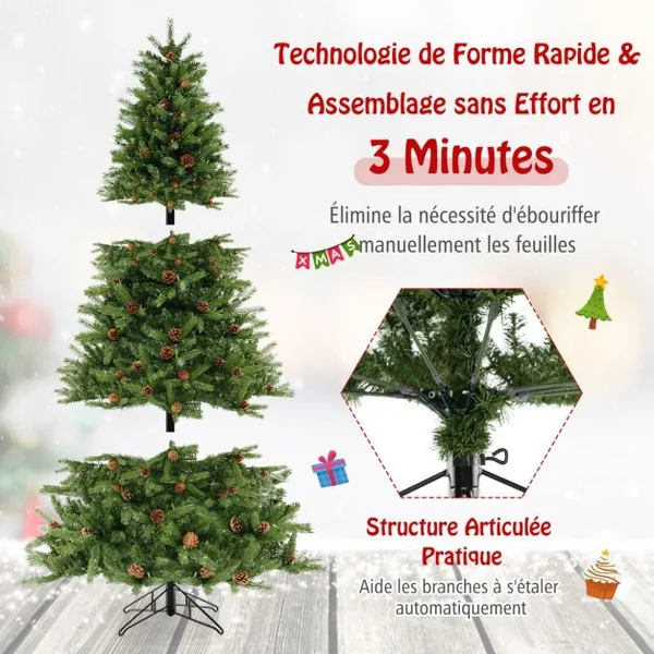 Sapin de Noël Artificiel de 180 Cm 944 Branches 92 Pommes de Pin 470 Lumières Led Minuterie Automatique 3 Modes d'Éclairage 4 Réglages de Luminosité