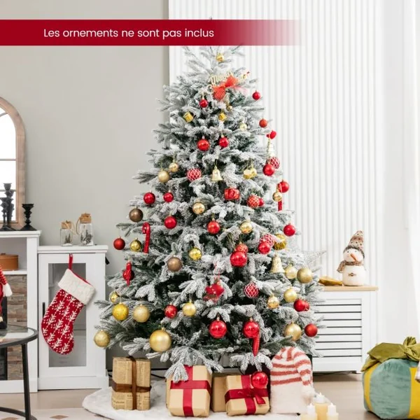 Sapin de Noël Artificiel de 180 cm Sapin de Noël à Charnières avec 1022 Branches en PE PVC & 350 Lumières LED Blanches Chaudes Sapin de Noël Pré-illuminé Floqué
