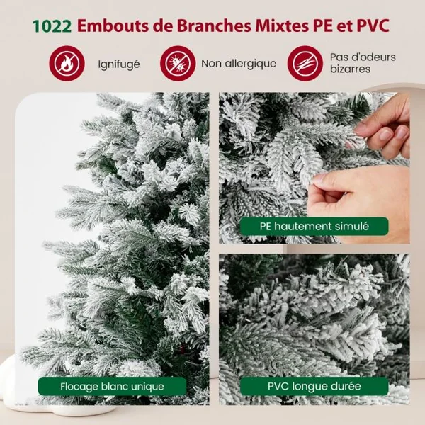 Sapin de Noël Artificiel de 180 cm Sapin de Noël à Charnières avec 1022 Branches en PE PVC & 350 Lumières LED Blanches Chaudes Sapin de Noël Pré-illuminé Floqué