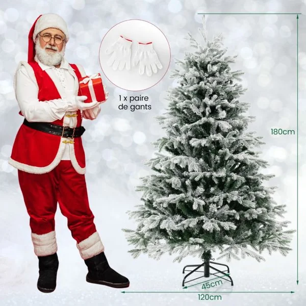 Sapin de Noël Artificiel de 180 cm Sapin de Noël à Charnières avec 1022 Branches en PE PVC & 350 Lumières LED Blanches Chaudes Sapin de Noël Pré-illuminé Floqué