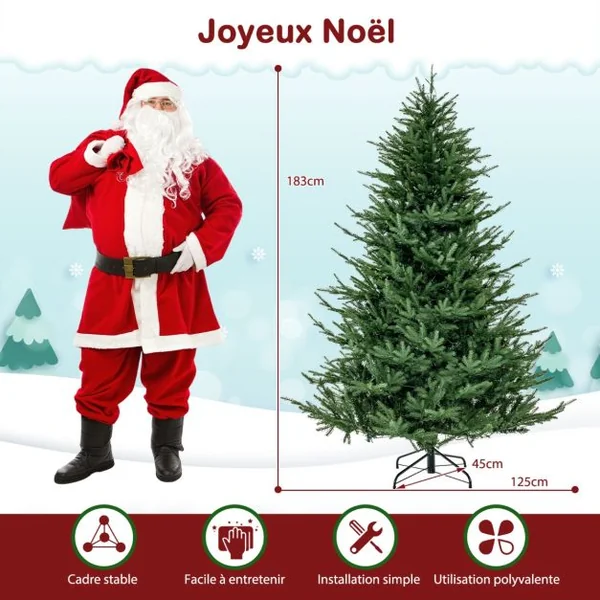 Sapin de Noël Artificiel de 183 cm Arbre de Noël à Charnière avec 788 Branches en PE et PVC 280 Lumières LED Blanc Chaud et 8 Modes d'Éclairage