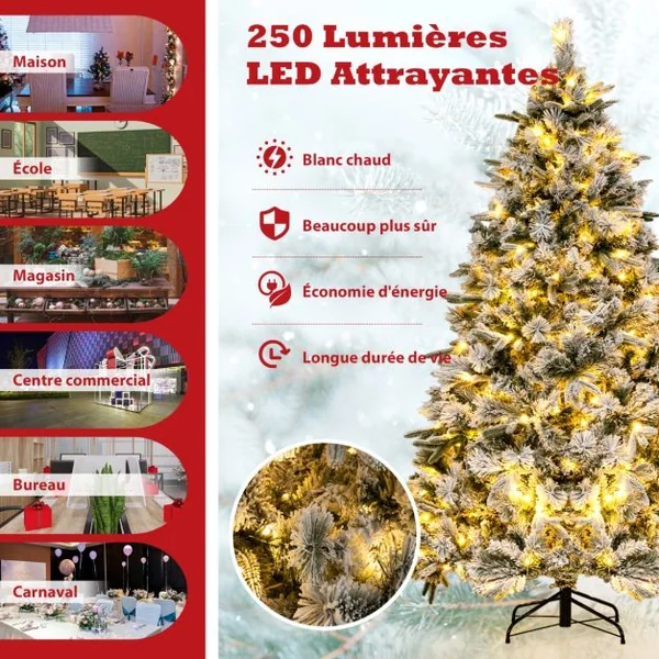 Sapin de Noël Artificiel de 186 cm avec Aiguilles de Pin Arbre de Noël Floqué avec 250 Lumières LED Blanches Chaudes & 752 Branches Mixtes pour la Maison le Bureau & le Carnaval