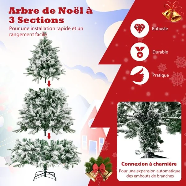 Sapin de Noël Artificiel de 186 cm avec Aiguilles de Pin Arbre de Noël Floqué avec 250 Lumières LED Blanches Chaudes & 752 Branches Mixtes pour la Maison le Bureau & le Carnaval