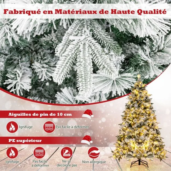 Sapin de Noël Artificiel de 186 cm avec Aiguilles de Pin Arbre de Noël Floqué avec 250 Lumières LED Blanches Chaudes & 752 Branches Mixtes pour la Maison le Bureau & le Carnaval