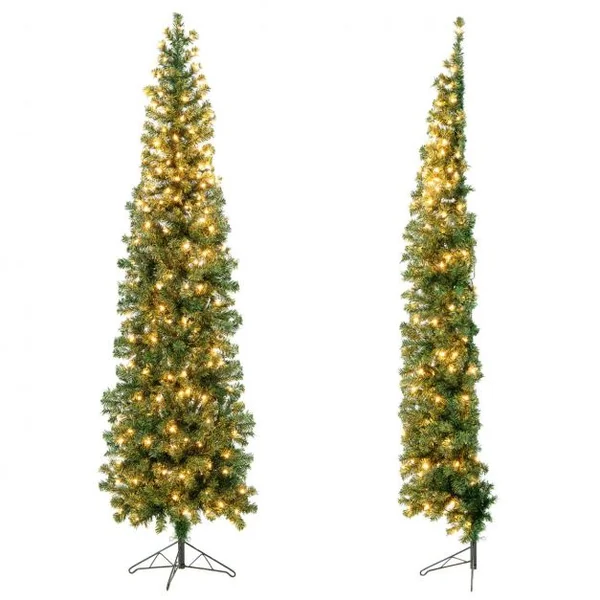 Sapin de Noël Artificiel Demi Arbre Mural 210 cm 150 LED Lumières Blanc Chaud 450 Pointes de Branches Support en Métal