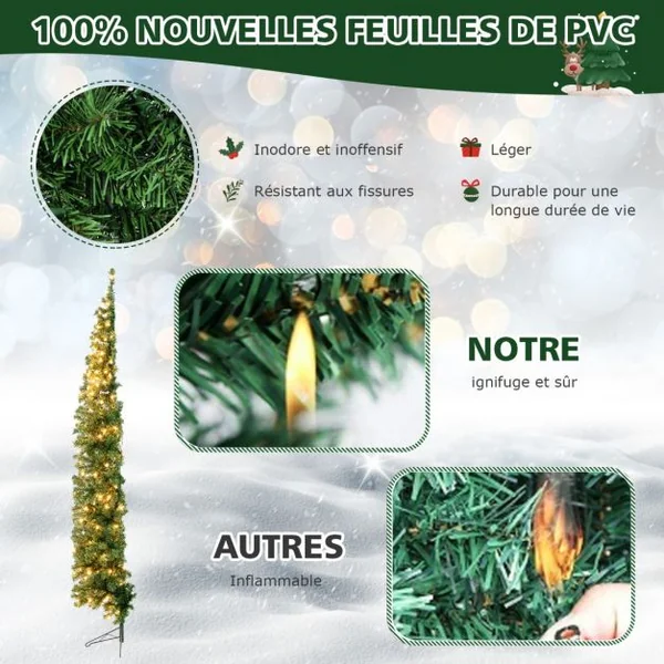 Sapin de Noël Artificiel Demi Arbre Mural 210 cm 150 LED Lumières Blanc Chaud 450 Pointes de Branches Support en Métal