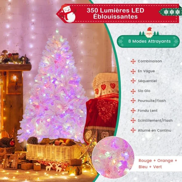 Sapin De Noël Artificiel Floqué de 185 cm 808 Branches en PVV 350 Lumières LED et 8 Modes d'Éclairage Arbre d’Décoration Pré-Eclairé Rose