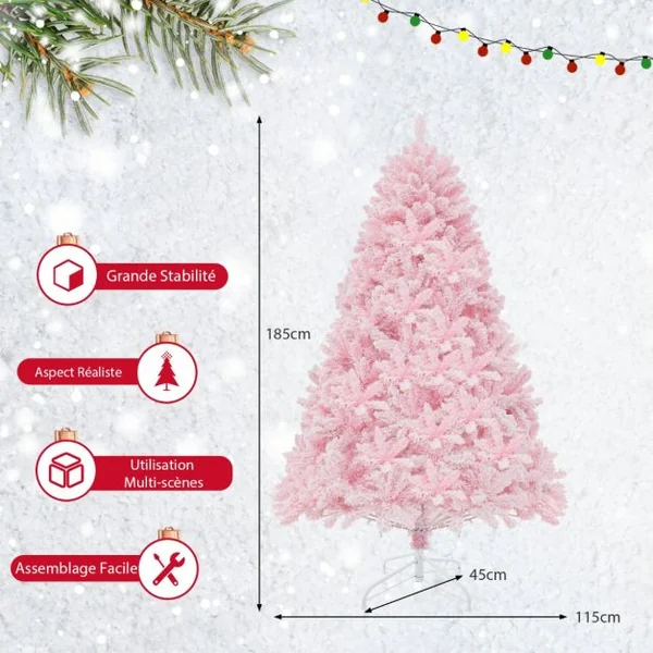 Sapin De Noël Artificiel Floqué de 185 cm 808 Branches en PVV 350 Lumières LED et 8 Modes d'Éclairage Arbre d’Décoration Pré-Eclairé Rose