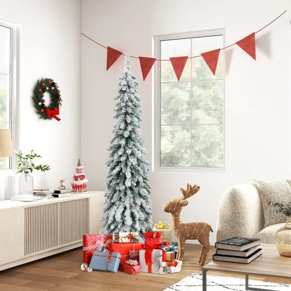 Sapin de Noël Artificiel Illuminé 150 Arbre de Noël Mince floqué de Neige Lumières LED Multicolores et Blanc Chaud 11 Modes d'éclairage 334 Branches