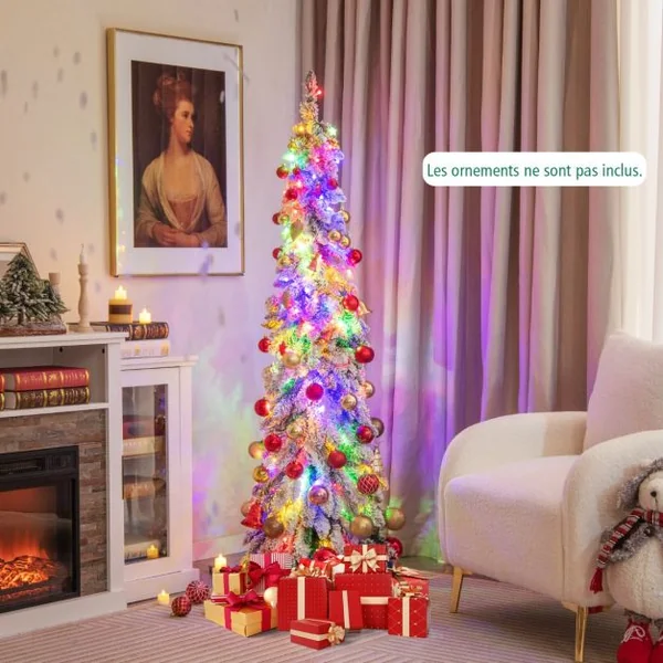 Sapin de Noël Artificiel Illuminé 150 Arbre de Noël Mince floqué de Neige Lumières LED Multicolores et Blanc Chaud 11 Modes d'éclairage 334 Branches