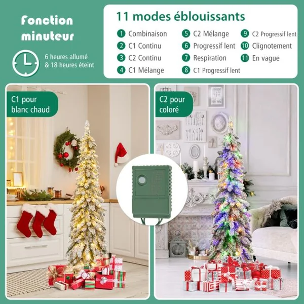Sapin de Noël Artificiel Illuminé 150 Arbre de Noël Mince floqué de Neige Lumières LED Multicolores et Blanc Chaud 11 Modes d'éclairage 334 Branches