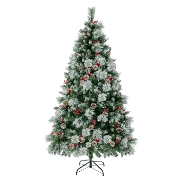 Sapin de Noël Artificiel Illuminé de 185 cm à Charnière avec 747 Branches 350 Lumières LED 55 Pommes de Pin et 55 Baies Rouges 11 Modes d'Éclairage