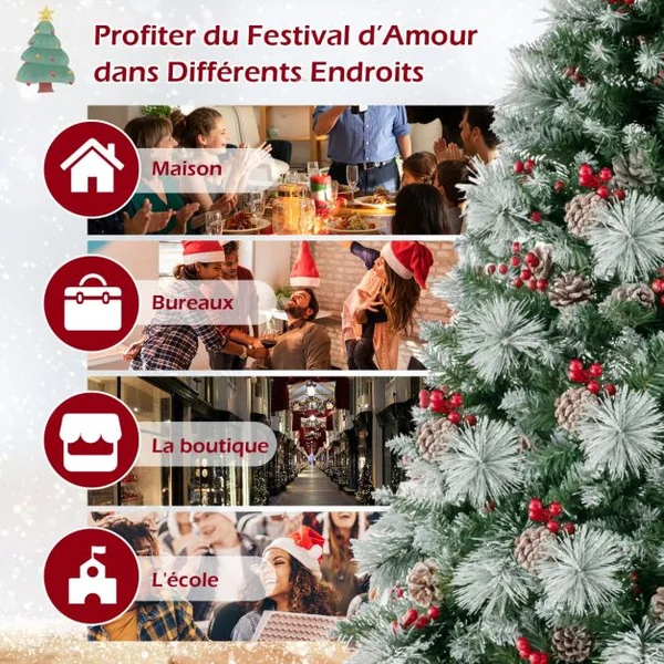 Sapin de Noël Artificiel Illuminé de 185 cm à Charnière avec 747 Branches 350 Lumières LED 55 Pommes de Pin et 55 Baies Rouges 11 Modes d'Éclairage