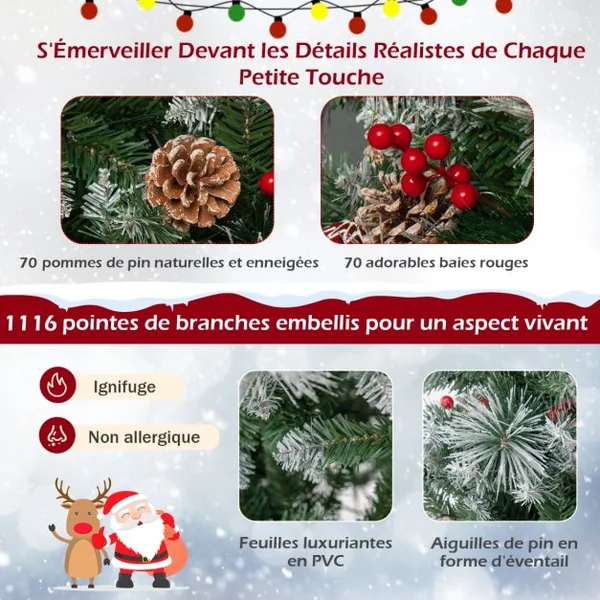 Sapin de Noël Artificiel Illuminé de 215 cm à Charnière avec 1116 Branches 400 Lumières LED 70 Pommes de Pin et 70Baies Rouges 11 Modes d'Éclairage